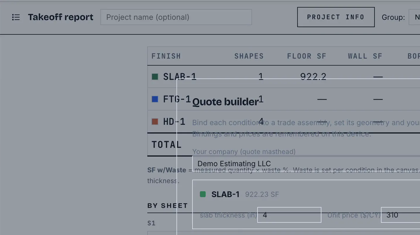 Exporting a grouped, priced .xlsx quote with Quote and Basis tabs from TakeoffQuote
